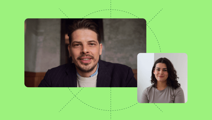 customer references and referral programs. two people headshots over green background
